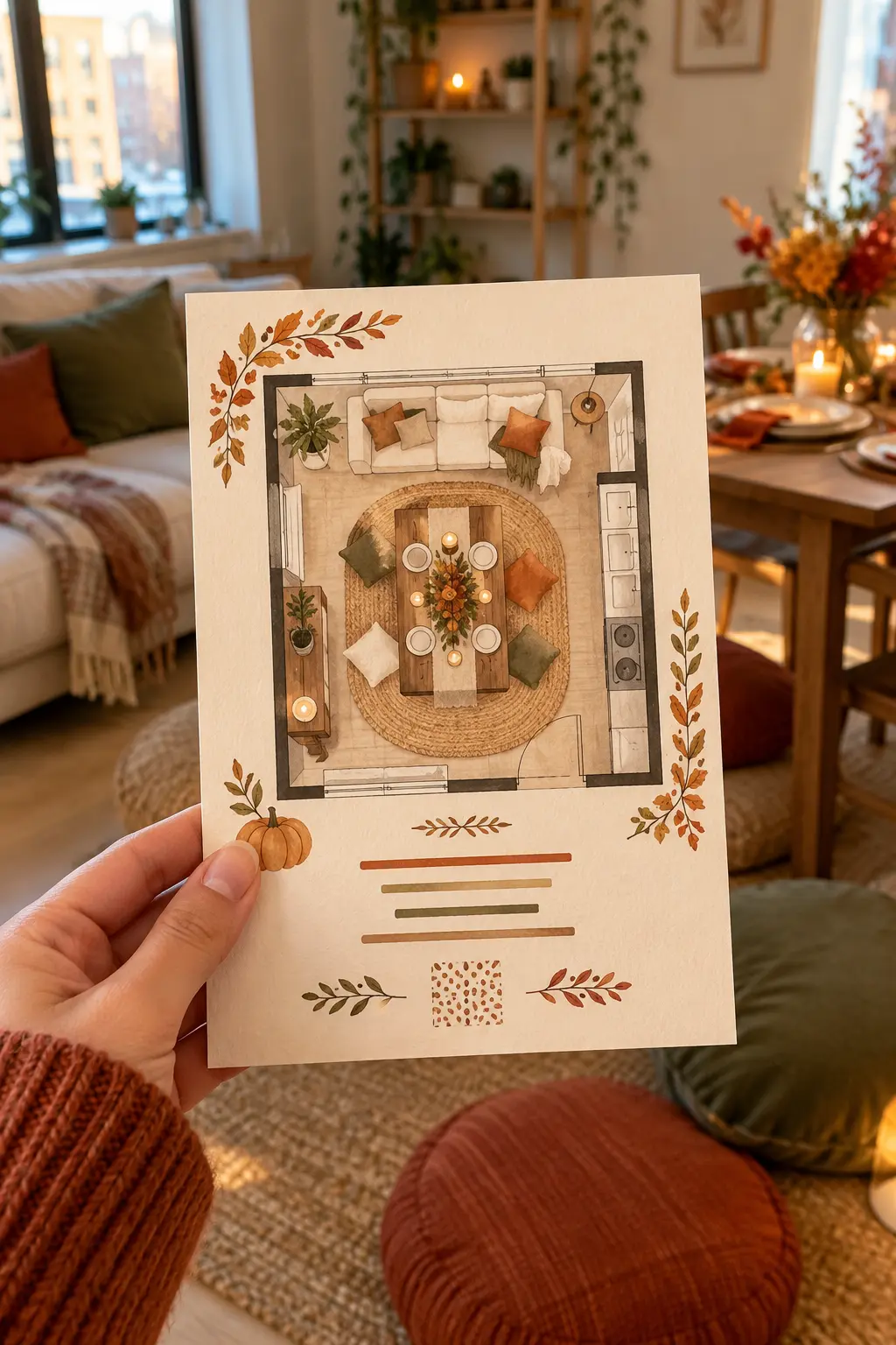 Small-apartment Friendsgiving invitation with compact floor-plan illustration