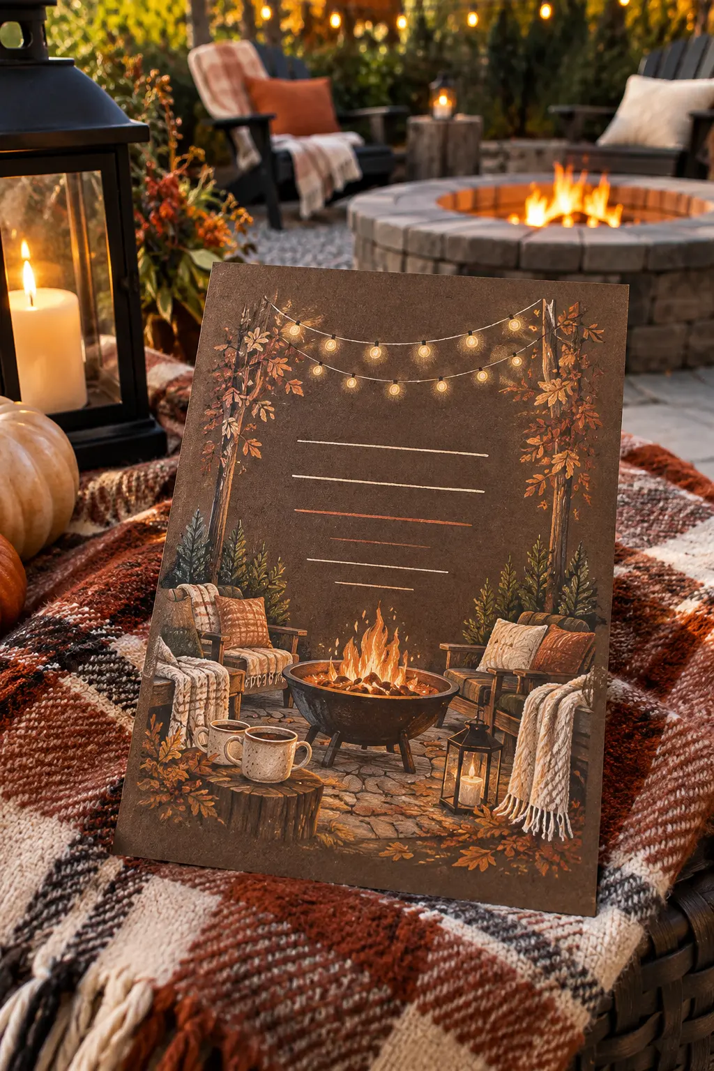 Dark kraft Friendsgiving invitation with firepit string-light and blanket illustrations