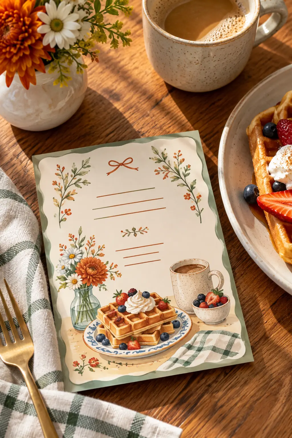 Airy Friendsgiving brunch invitation with waffles fruit and coffee illustrations