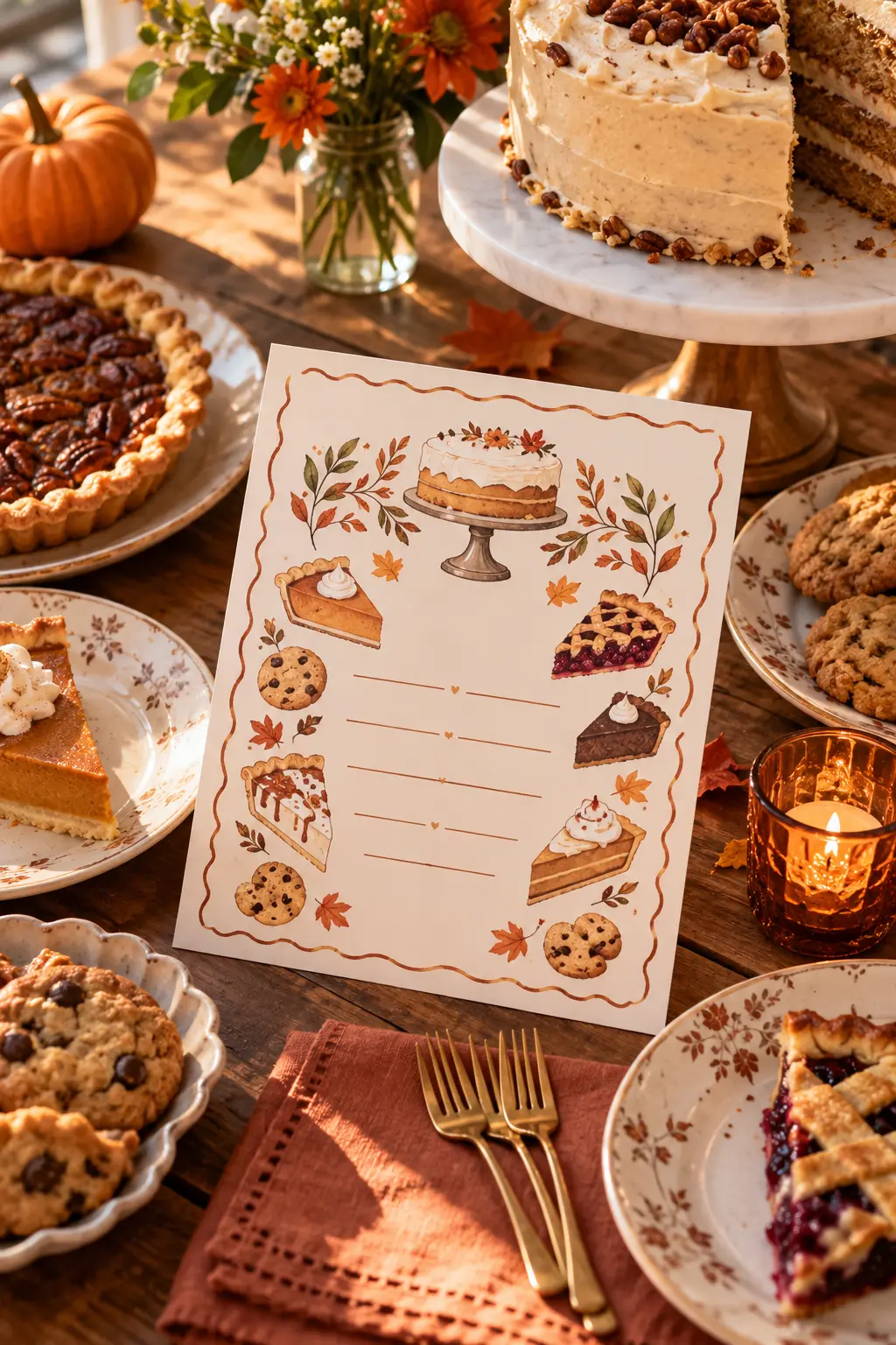 Dessert Friendsgiving invitation with pie cookies cake stand and tiny forks