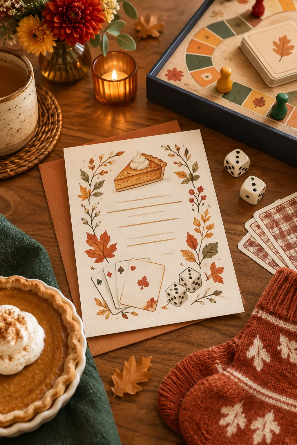 Friendsgiving game-night invitation with cards dice pie and cozy socks