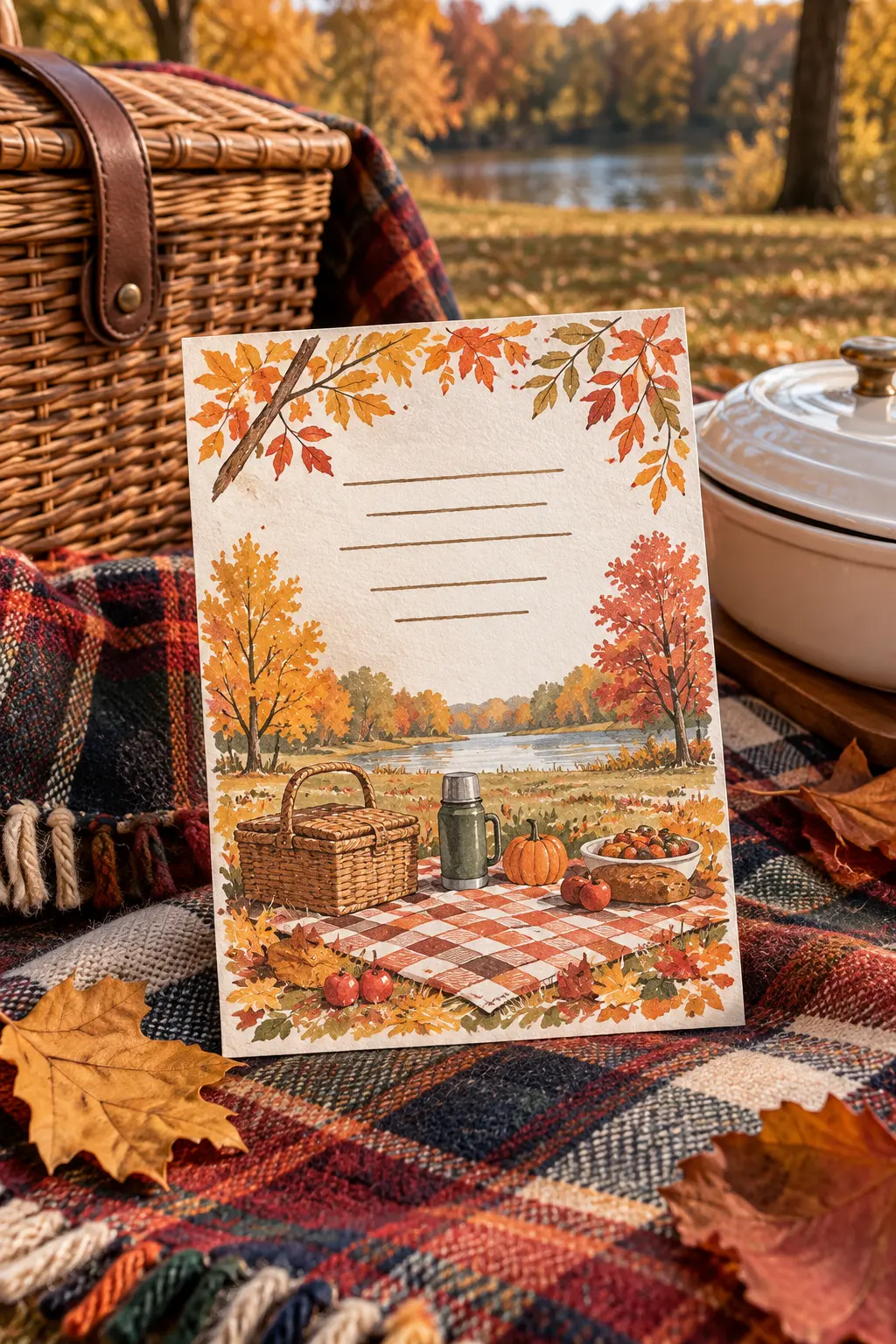Outdoor picnic Friendsgiving invitation on a plaid blanket with autumn leaves