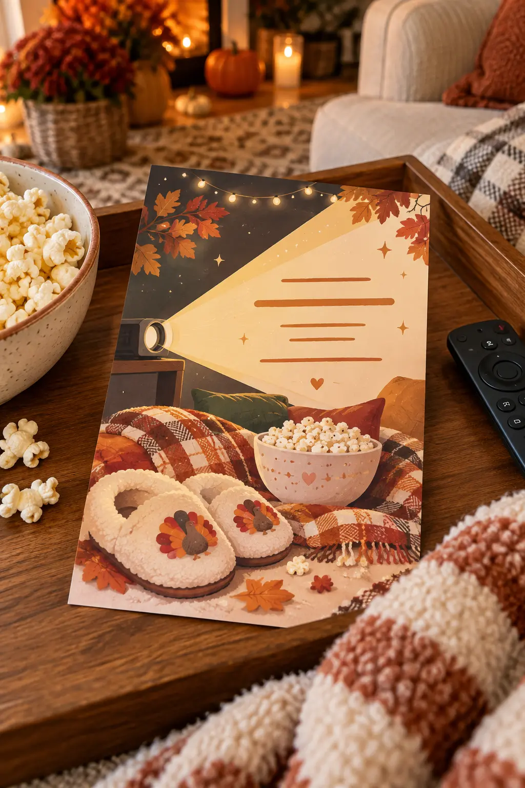 Friendsgiving pajama movie invitation with slippers popcorn blanket and remote