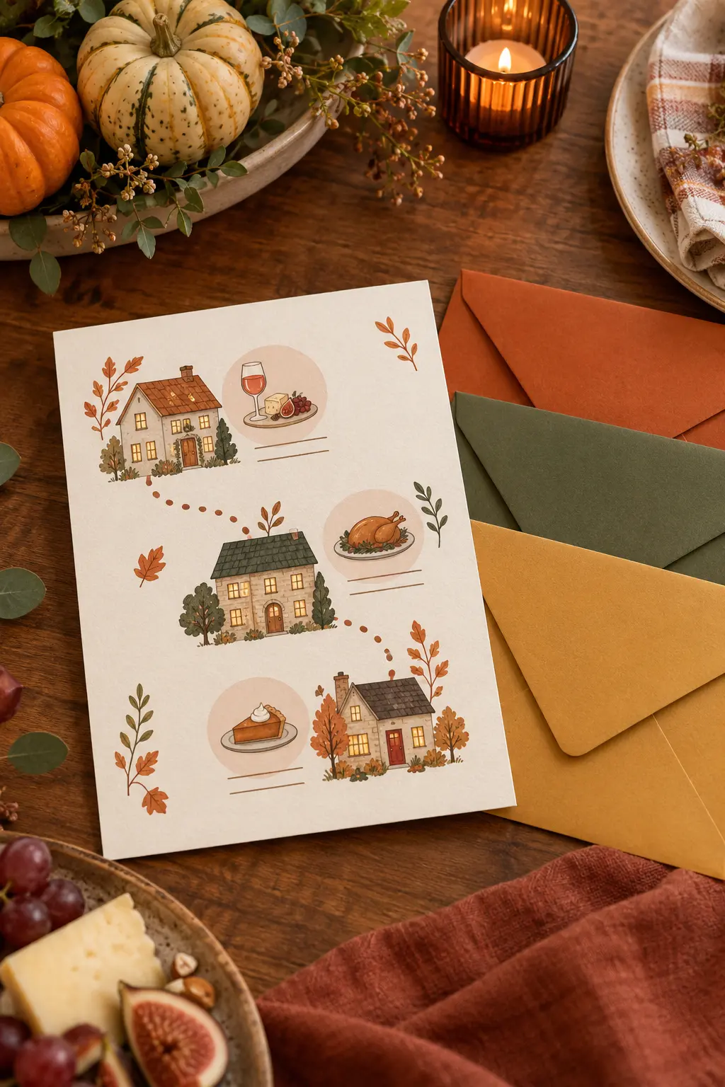 Progressive Friendsgiving dinner invitation with three linked house illustrations