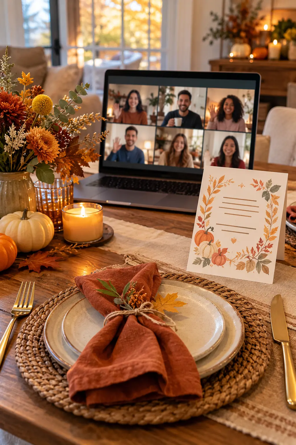 Hybrid Friendsgiving invitation beside a laptop with a small video grid
