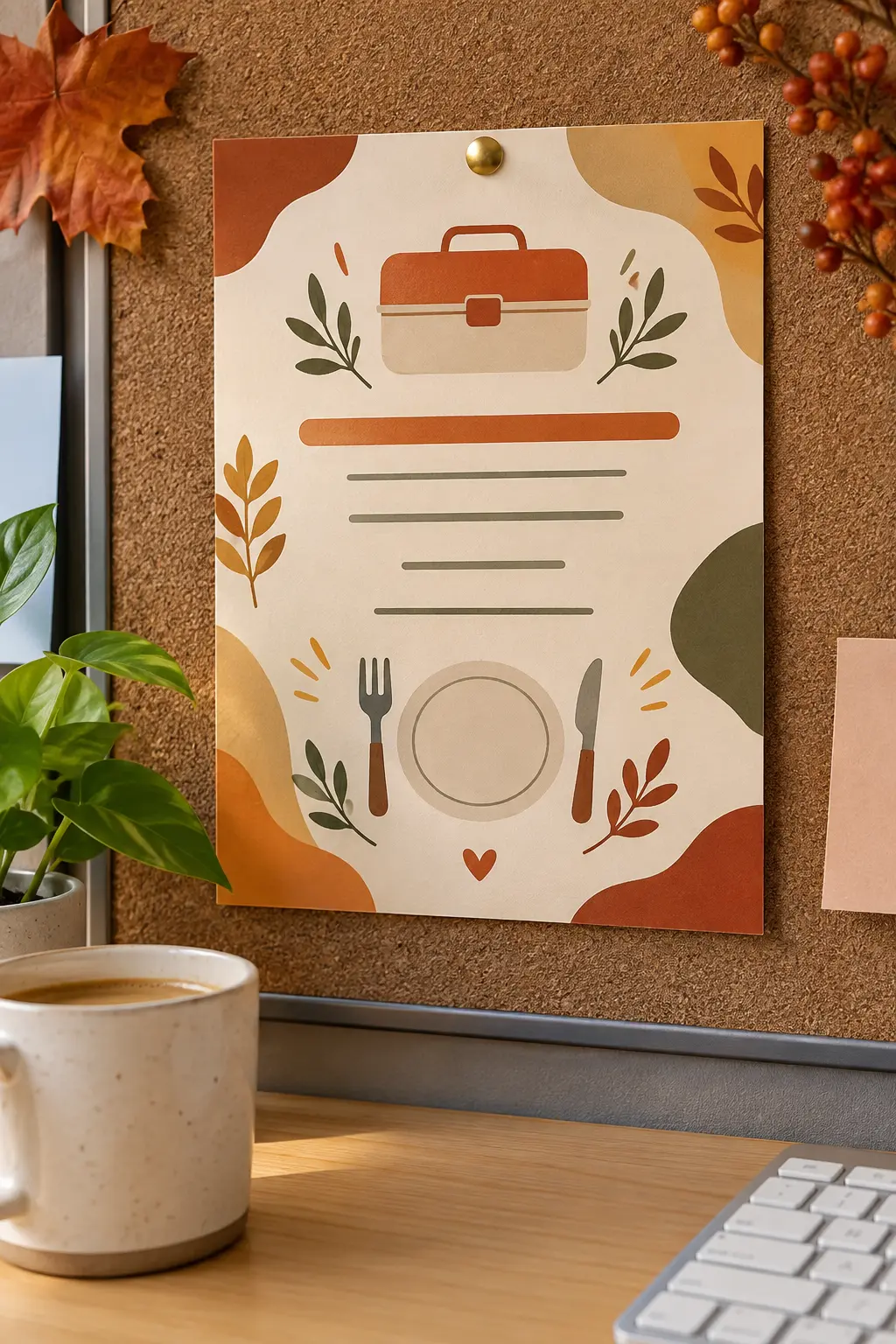 Warm-neutral coworker Friendsgiving invitation pinned to an office board