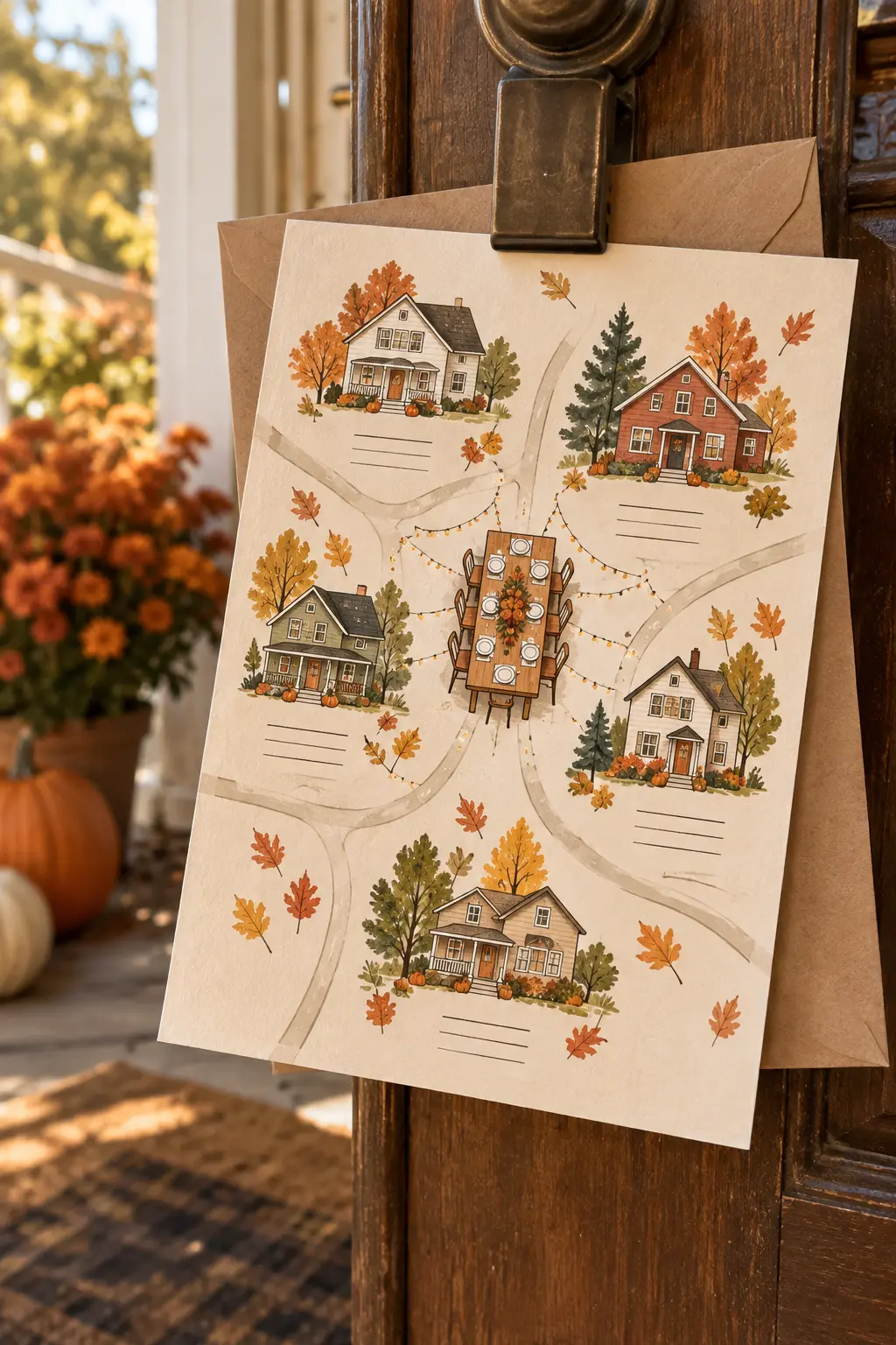 Neighborhood Friendsgiving invitation with porch map houses and shared table