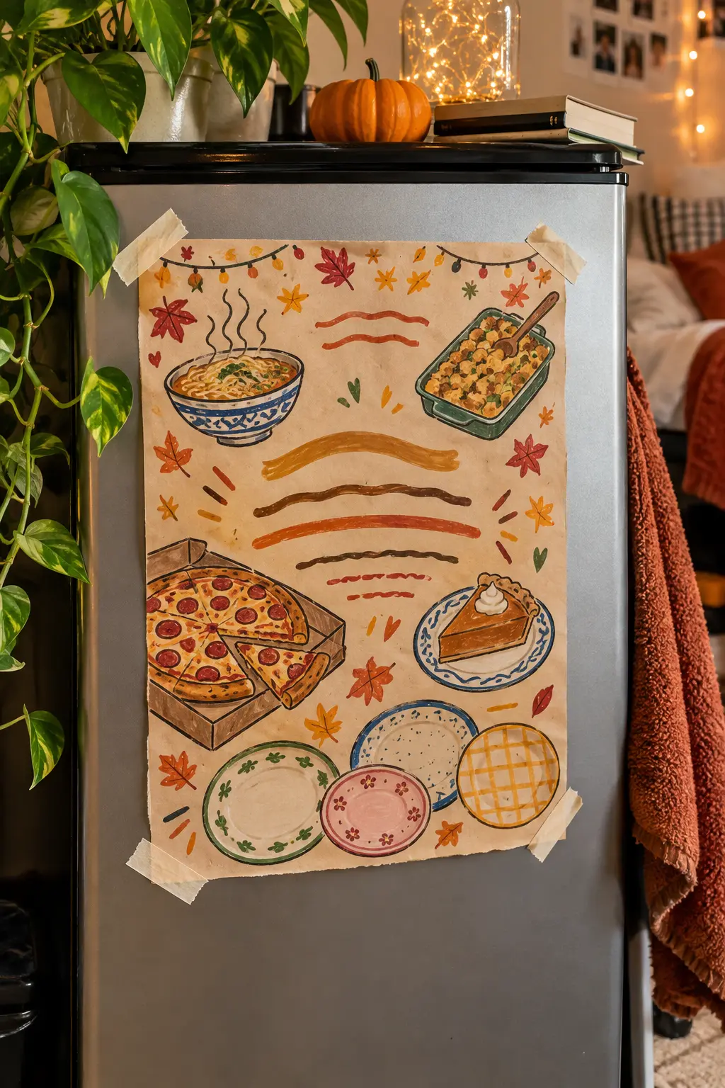 College Friendsgiving flyer with playful budget-food drawings on a dorm fridge