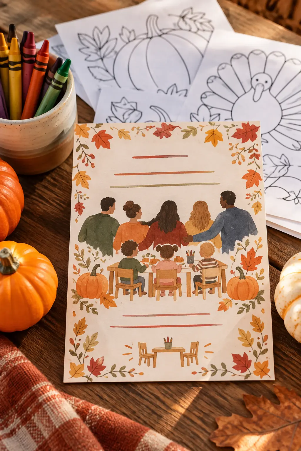 Family Friendsgiving invitation with adult child crayon and kids-table icons