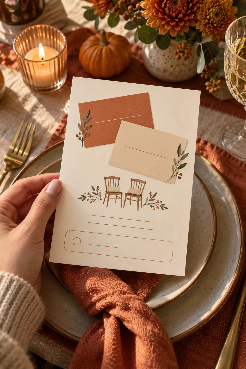 Cream and terracotta Friendsgiving invitation with paired place-card and chair icons