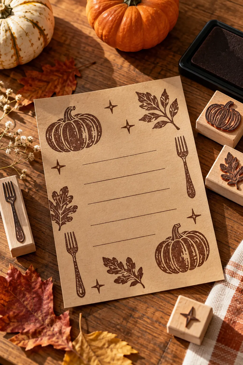 DIY kraft Friendsgiving invitation with hand-stamped pumpkin leaf fork and star motifs