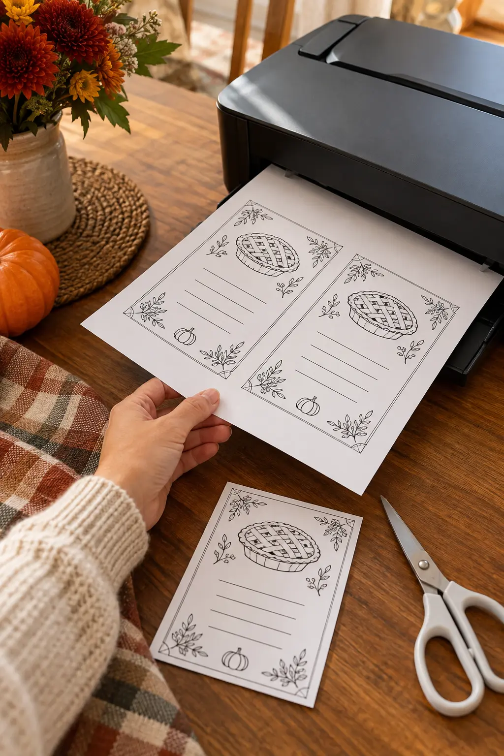 Black-ink Friendsgiving invitation printing at home with pie and leaf line art