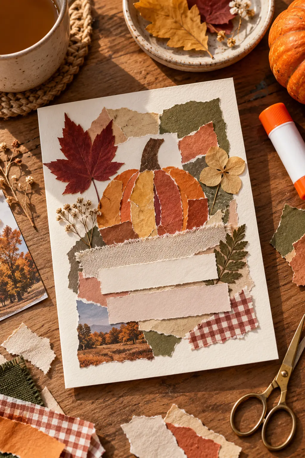 Handmade Friendsgiving collage invitation with torn paper fabric and pressed leaves