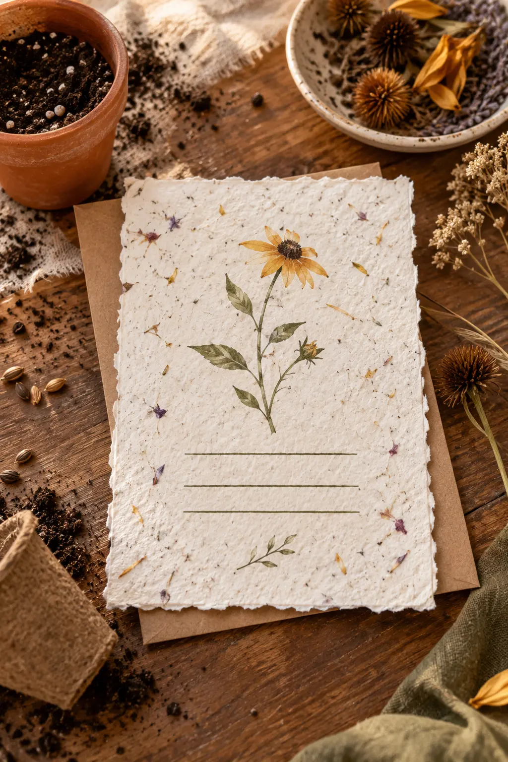 Textured seed-paper Friendsgiving invitation with wildflower fibers beside a small pot