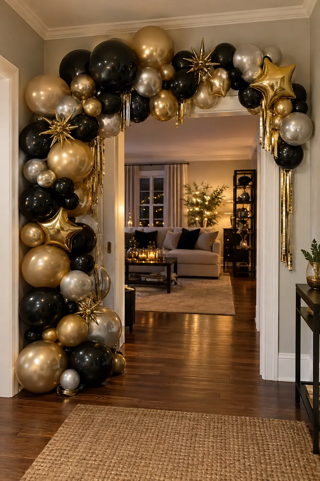Black champagne gold and silver balloon arch framing a home doorway for New Year's Eve