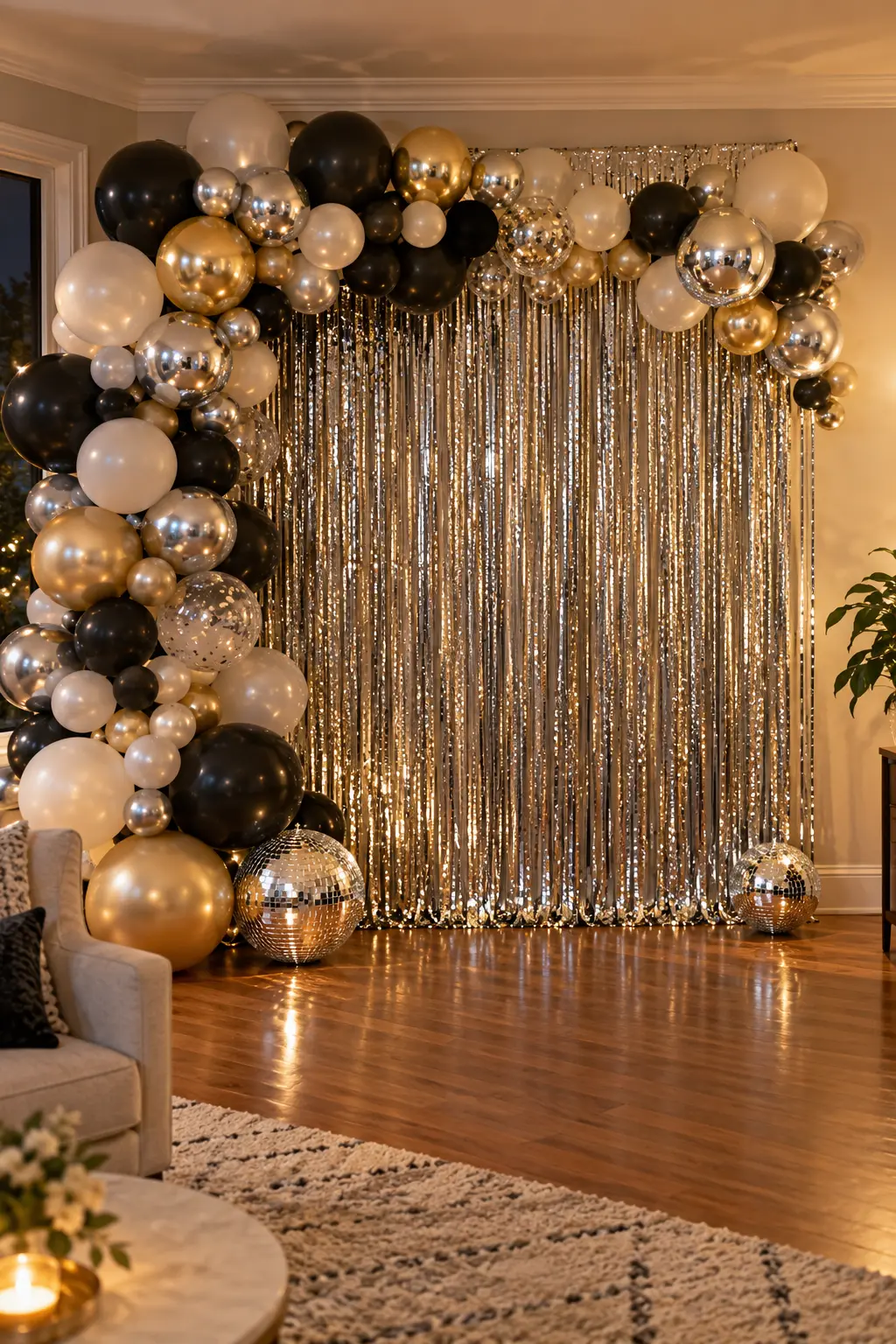 New Year's Eve balloon garland and silver fringe curtain photo wall in a living room