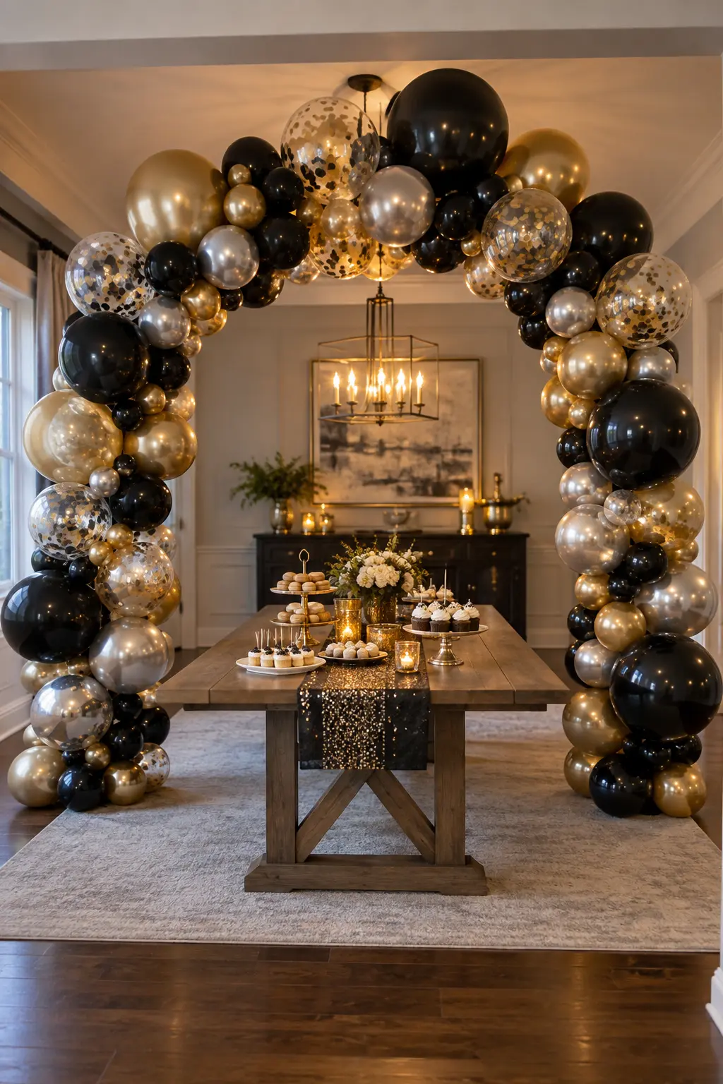 Freestanding New Year's Eve balloon arch surrounding a home dessert table