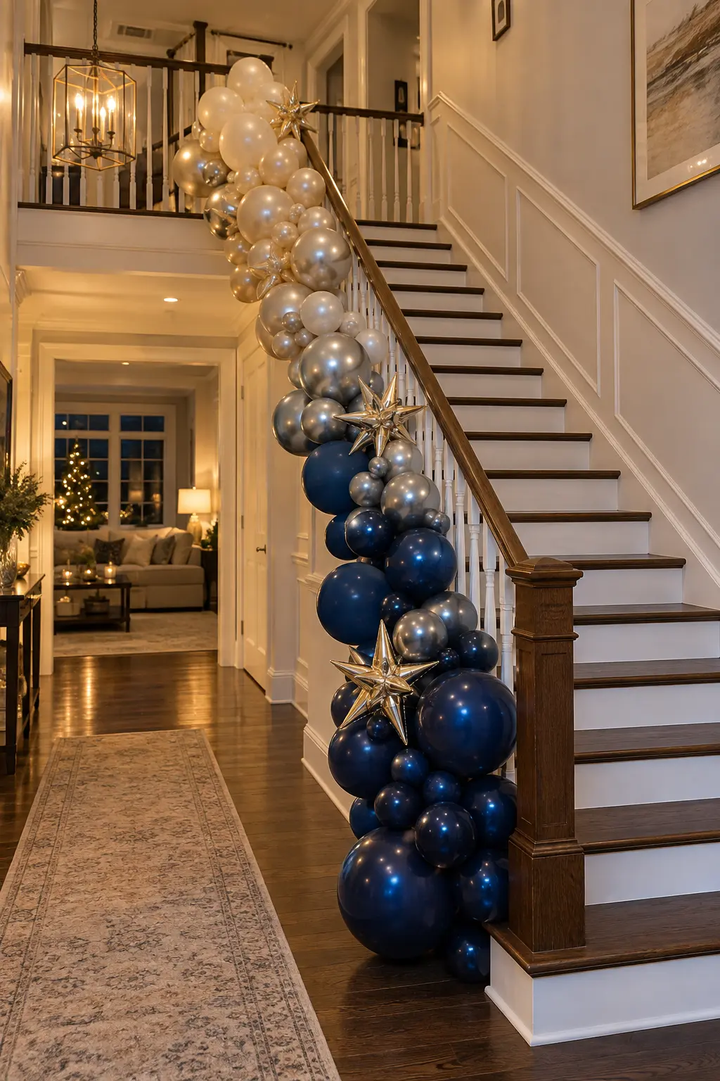Navy silver and champagne balloon cascade secured along a staircase banister