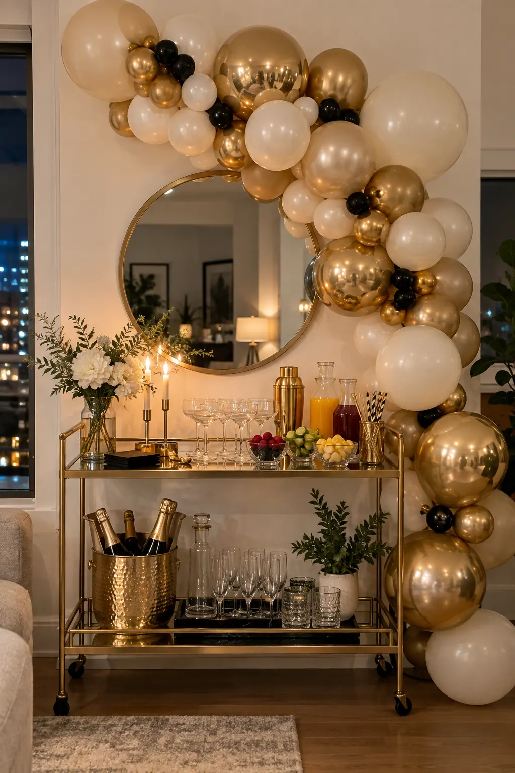 Champagne and pearl balloon garland above a New Year's Eve home drink station