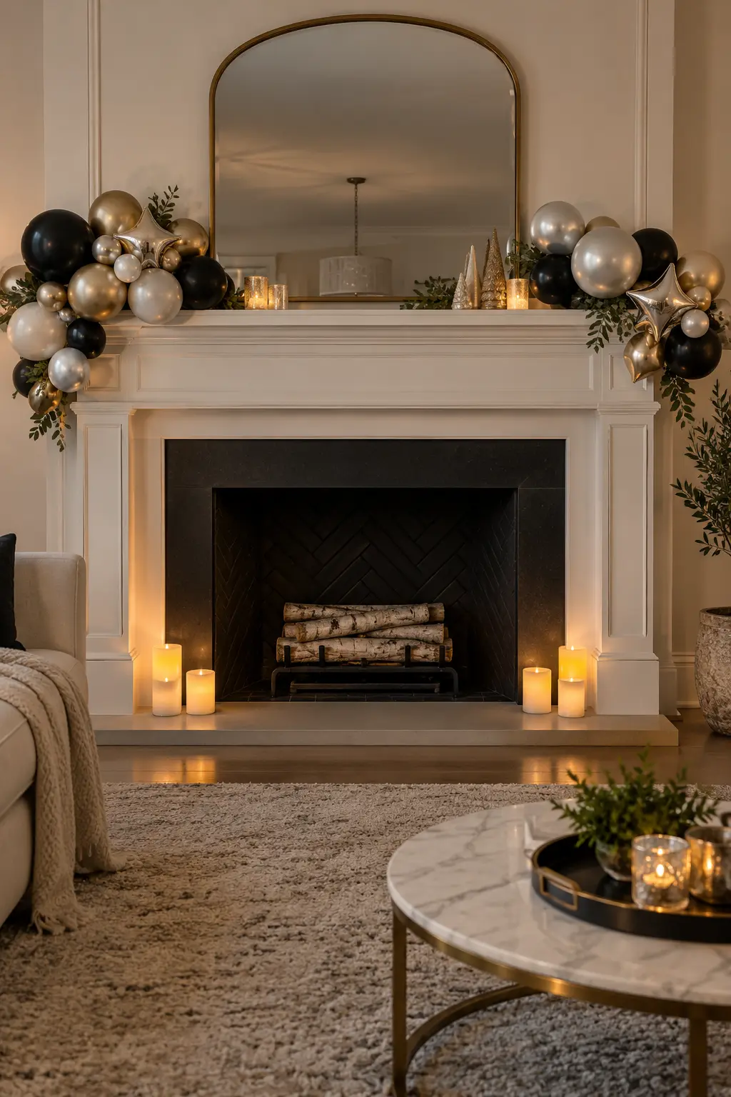 Small black silver and champagne balloon garland around a nonworking fireplace