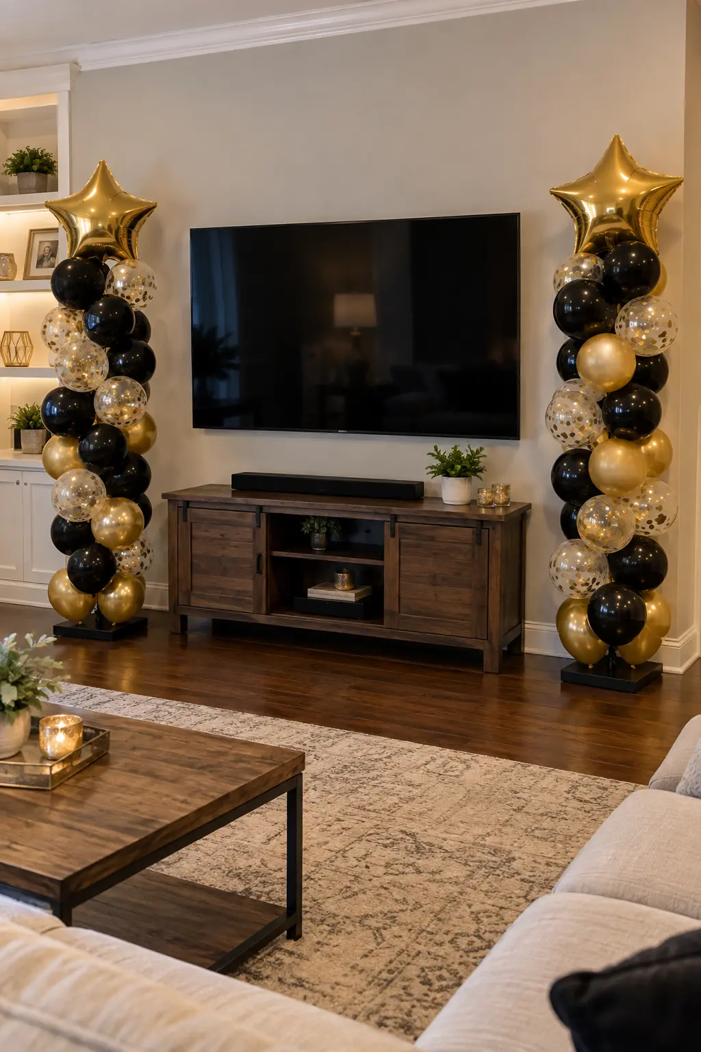 Two slim New Year's Eve balloon columns positioned beside a living room television