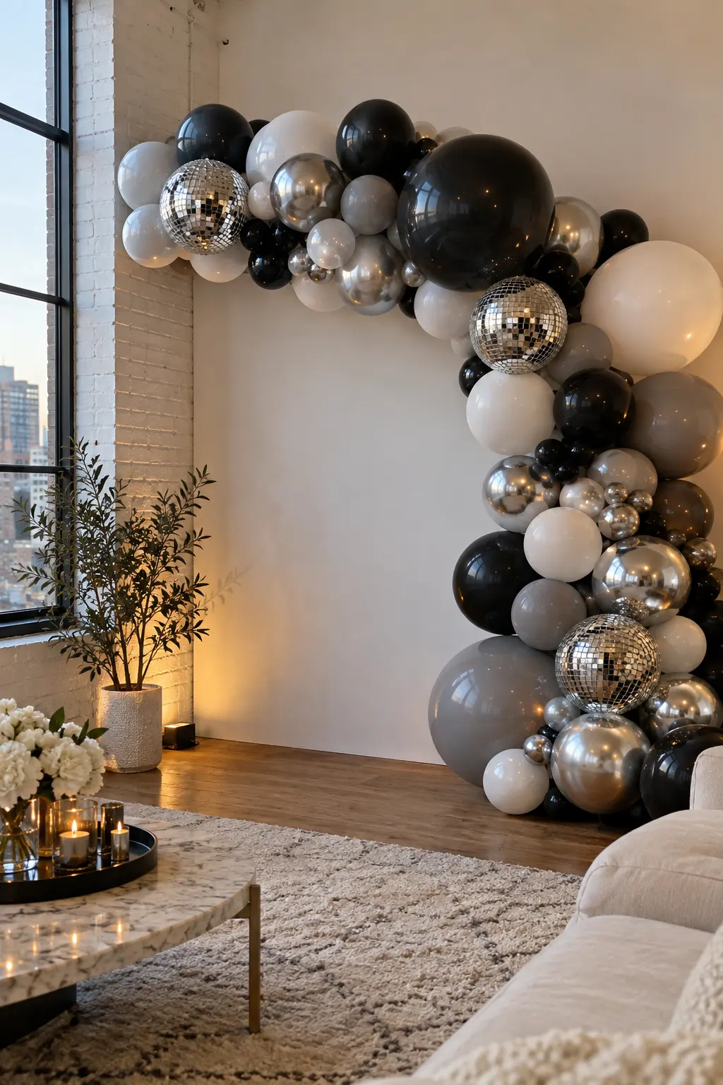 Silver black and white organic balloon garland accented with small disco balls