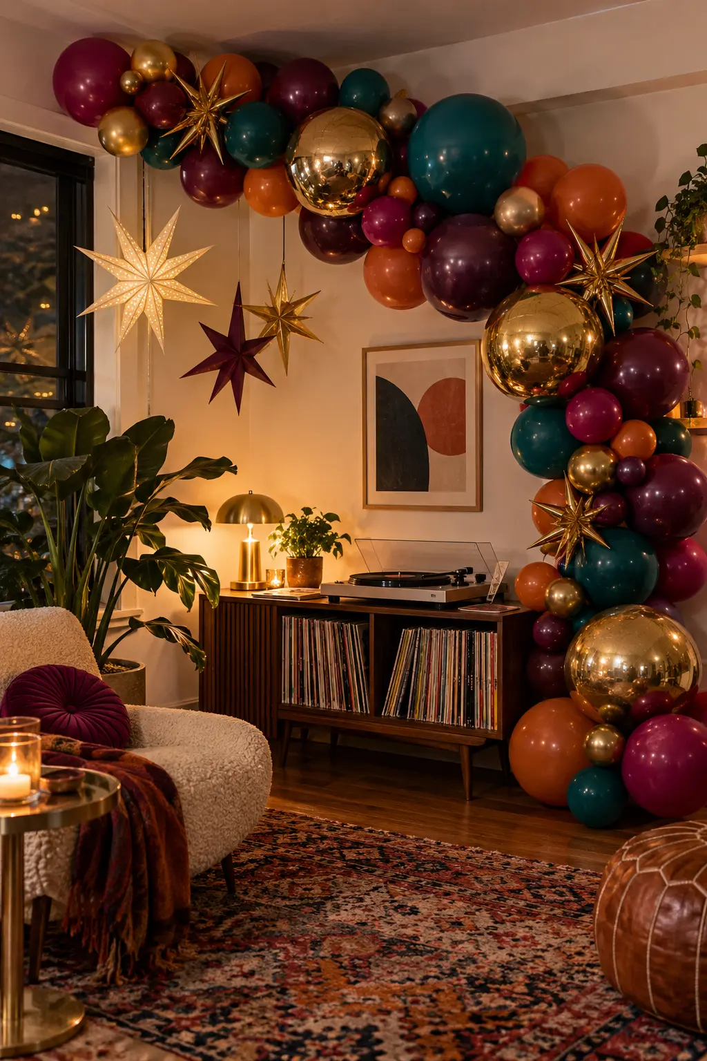 Teal magenta plum orange and gold balloon garland in a retro New Year's Eve room