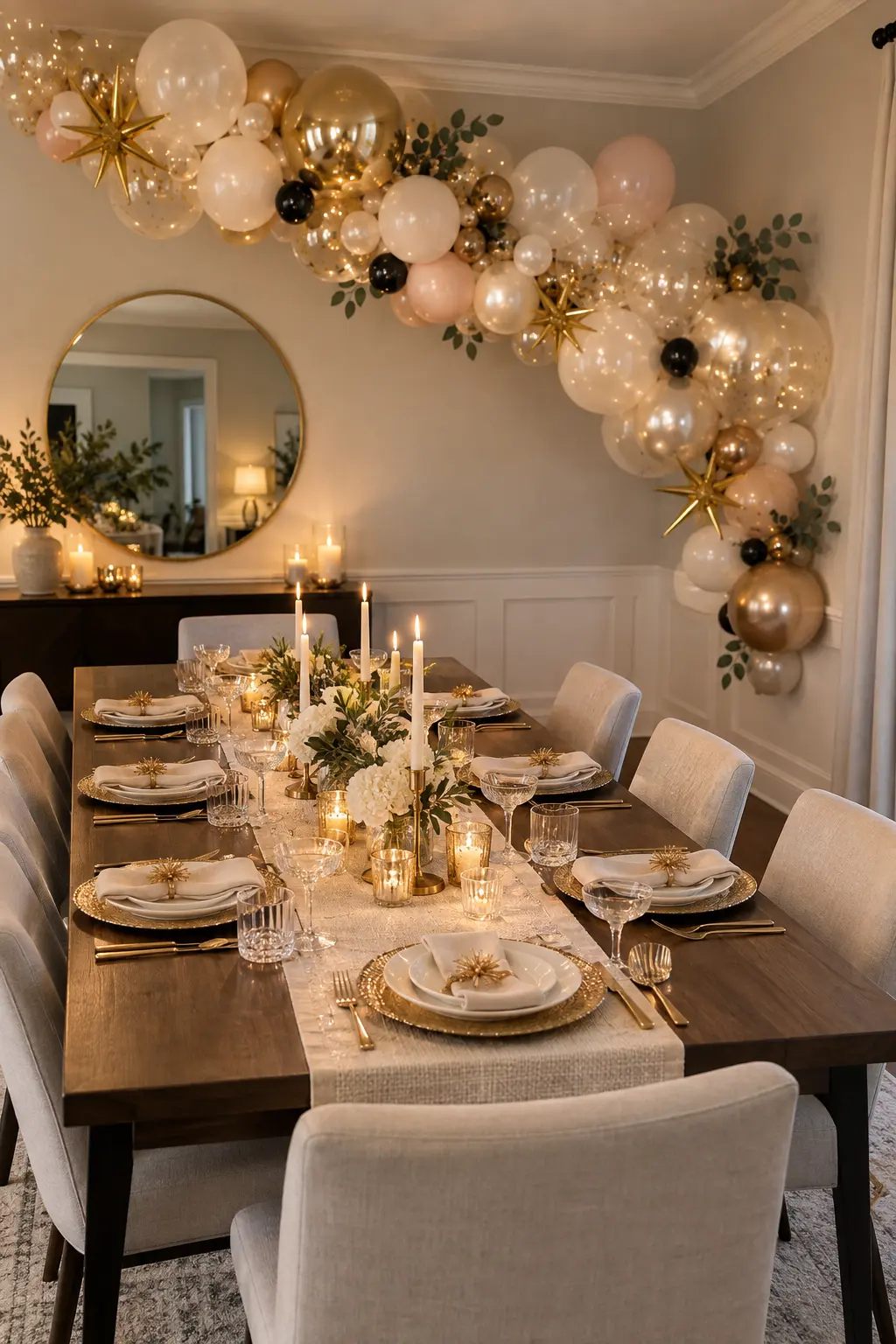 Pearl white blush and champagne balloon garland beside an elegant dinner table