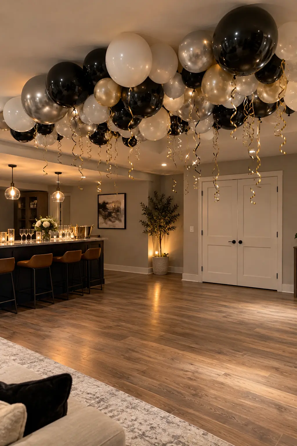 Air-filled New Year's Eve balloons attached above a small home dance floor