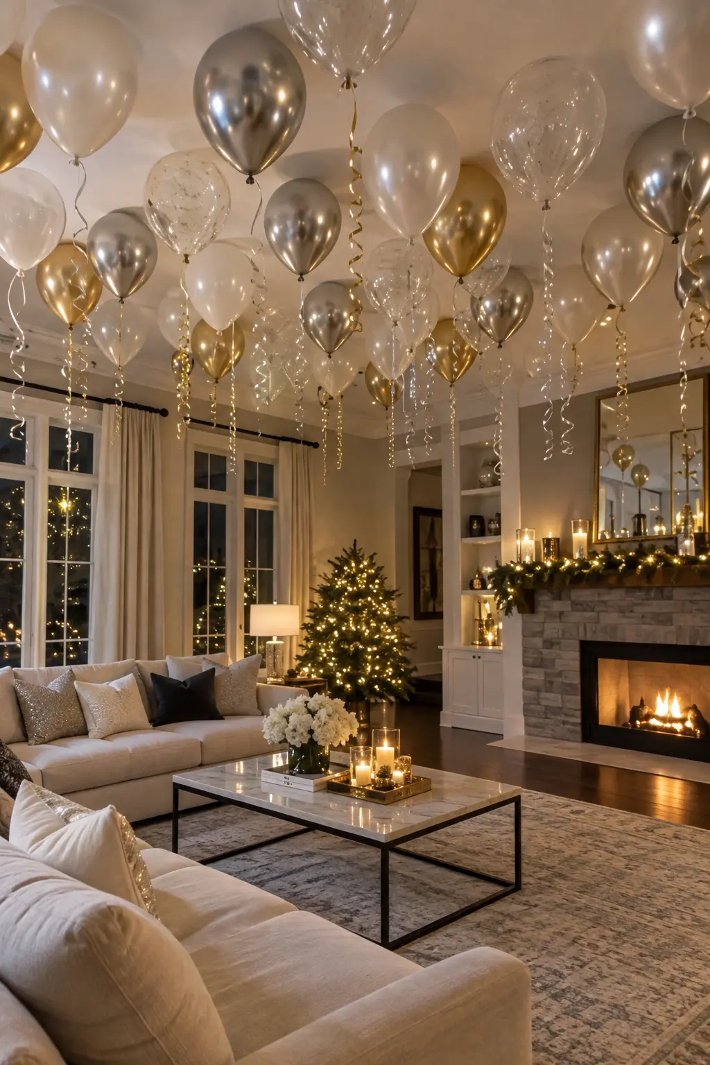 Pearl silver and champagne helium balloons floating across a living room ceiling
