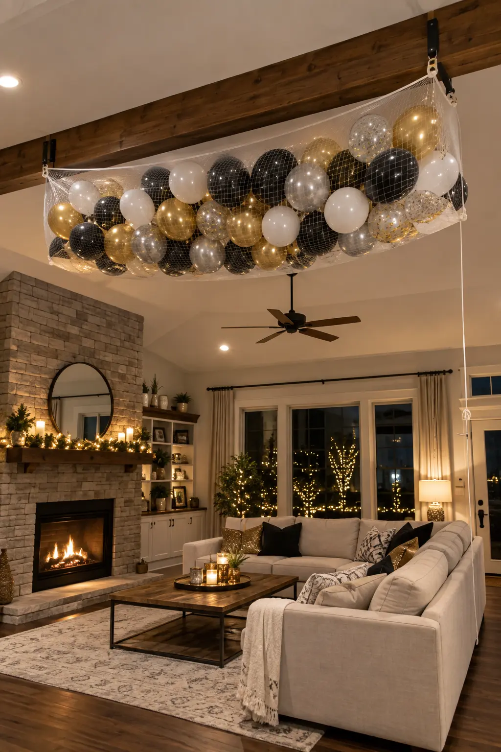 Mesh bag filled with New Year's Eve balloons suspended safely in a family room