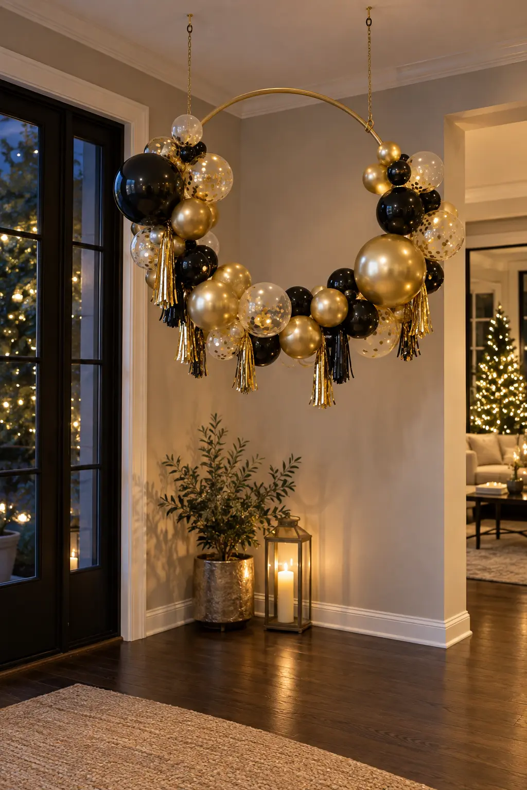 Circular New Year's Eve balloon hoop hanging over an empty side display area