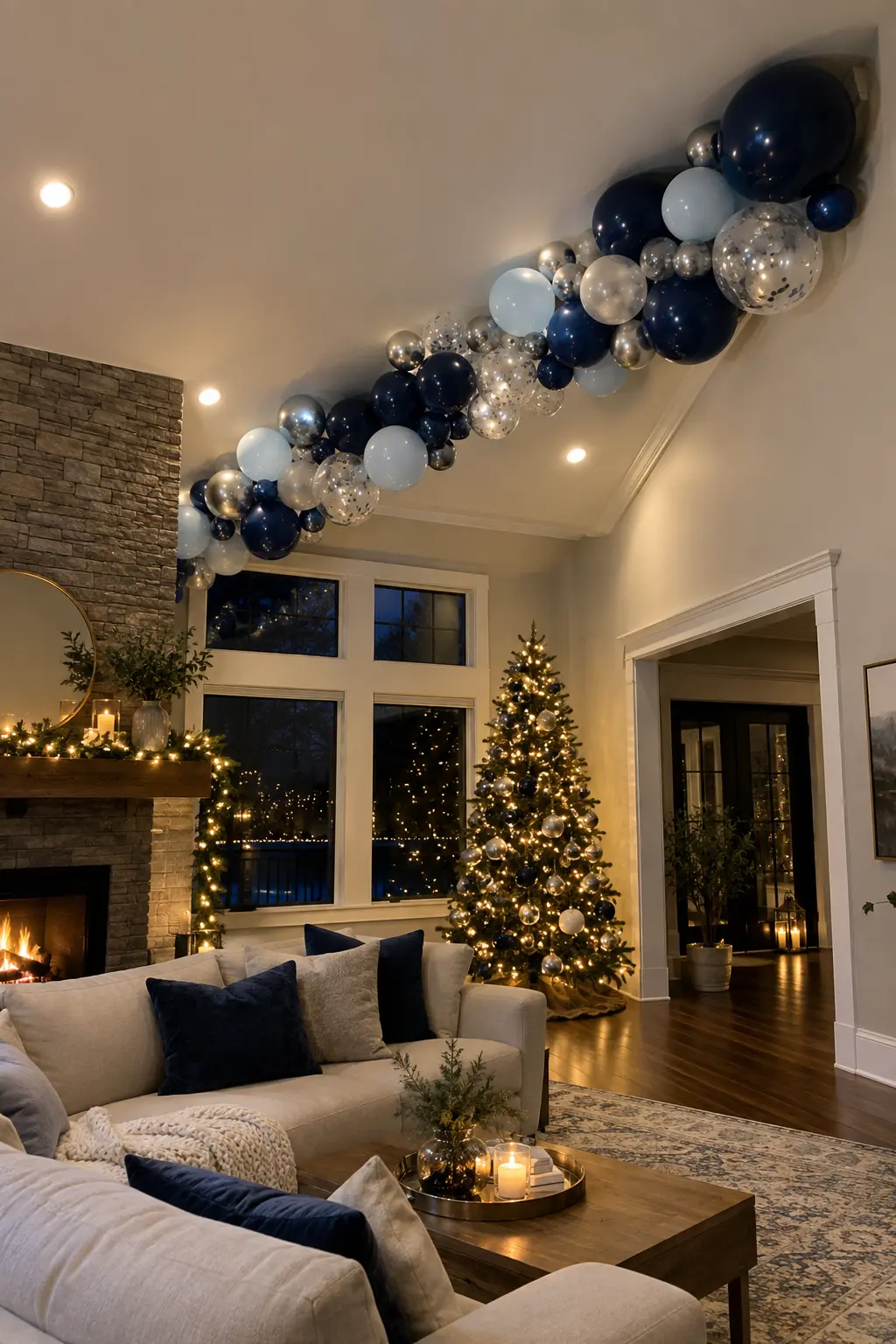 Midnight blue silver and clear balloon wave crossing a high ceiling corner