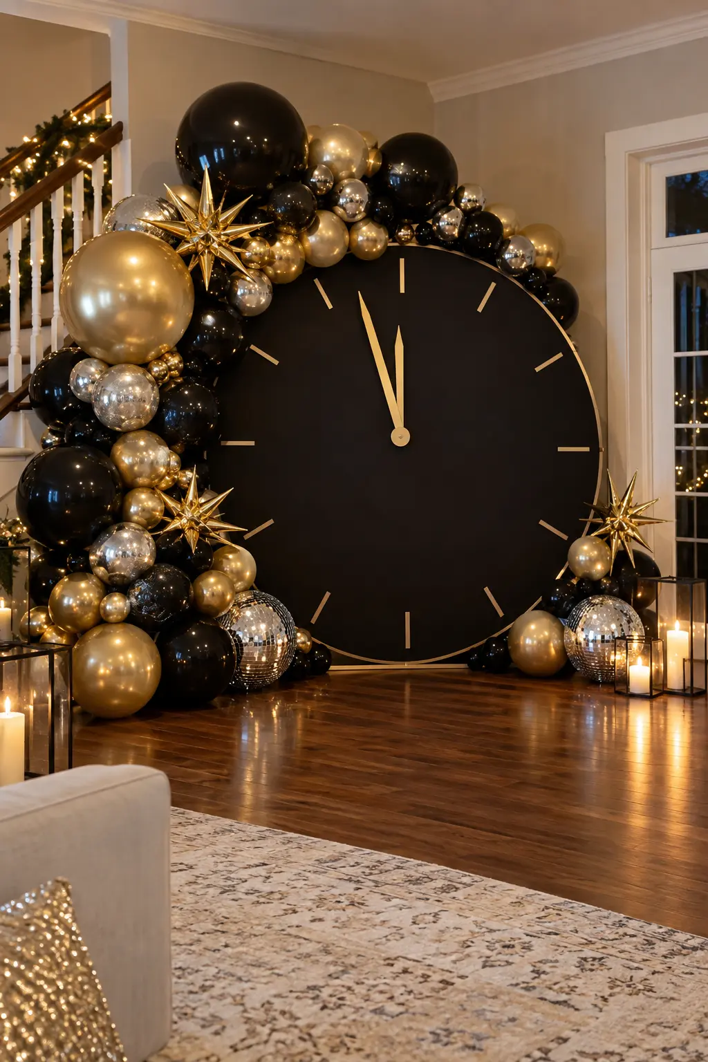 Black clock-inspired New Year's Eve backdrop framed by gold and silver balloons