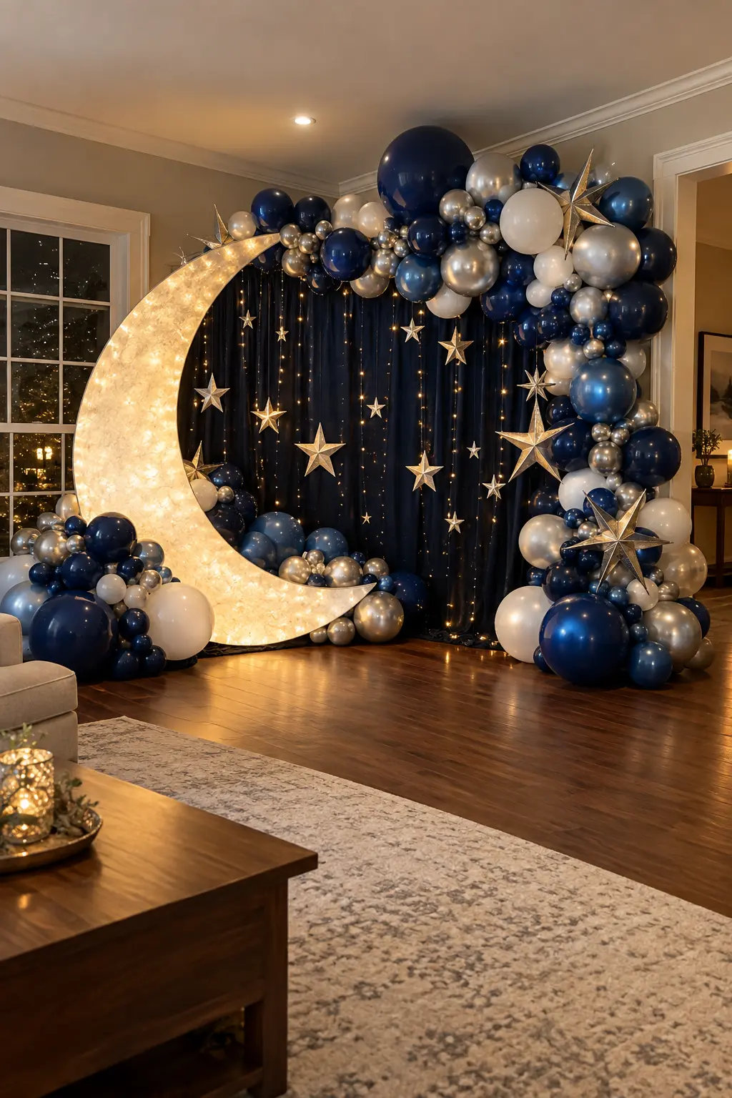 Crescent moon and metallic stars surrounded by navy silver and white balloons