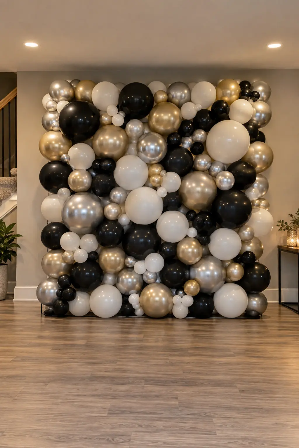 Freestanding rectangular balloon wall in black white champagne and silver