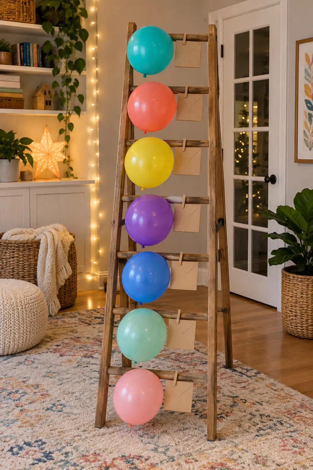 Colorful balloons and blank activity envelopes clipped to a freestanding countdown frame