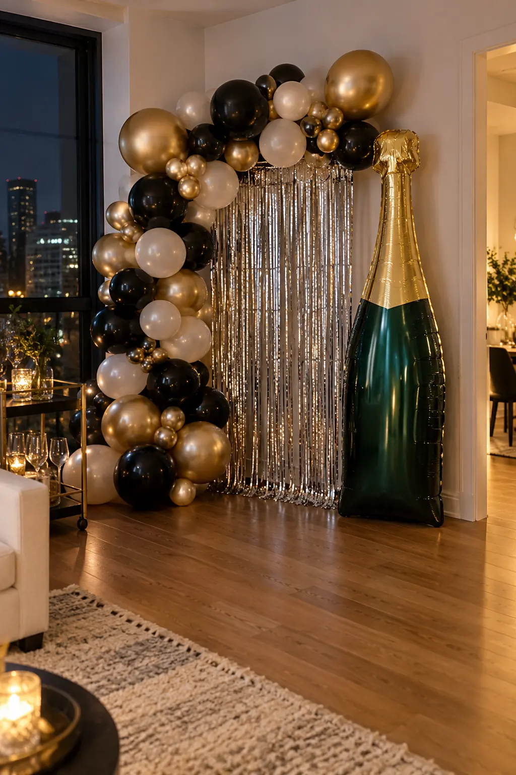 Large champagne bottle balloon with a New Year's Eve garland and silver fringe