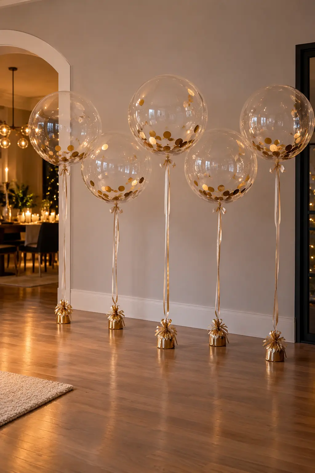 Five giant clear bubble balloons with metallic confetti on weighted ribbons