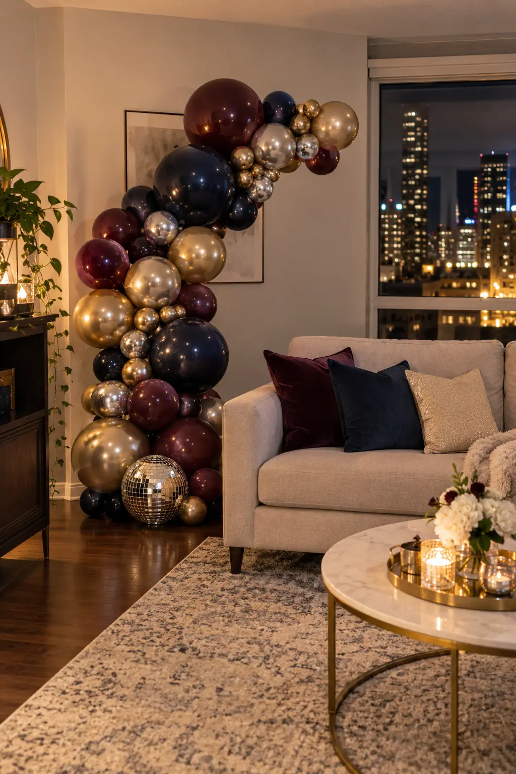 Plum navy champagne and silver balloon crescent beside an apartment sofa
