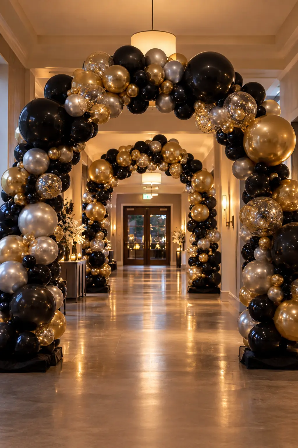 Three weighted balloon arches forming a short New Year's Eve hallway tunnel