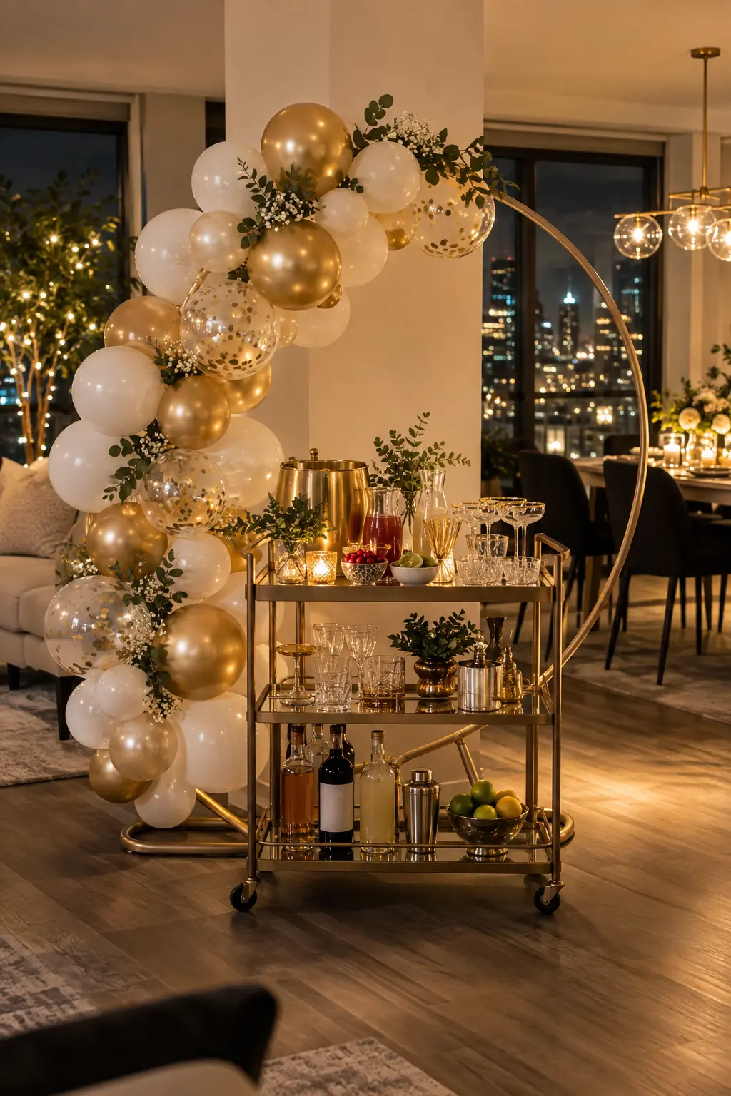 Small balloon hoop positioned behind a New Year's Eve mocktail bar cart