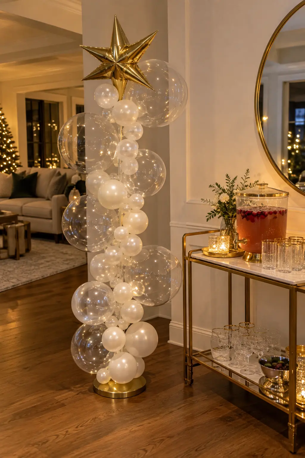 Clear and pearl balloon tower designed to resemble rising drink bubbles