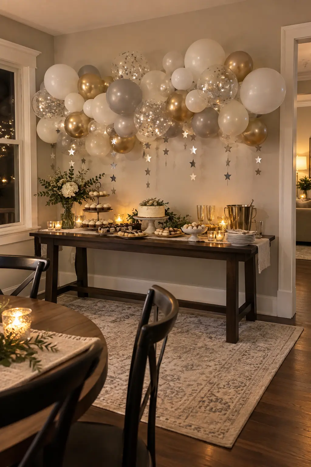 White champagne and clear balloon cloud mounted behind a dessert display