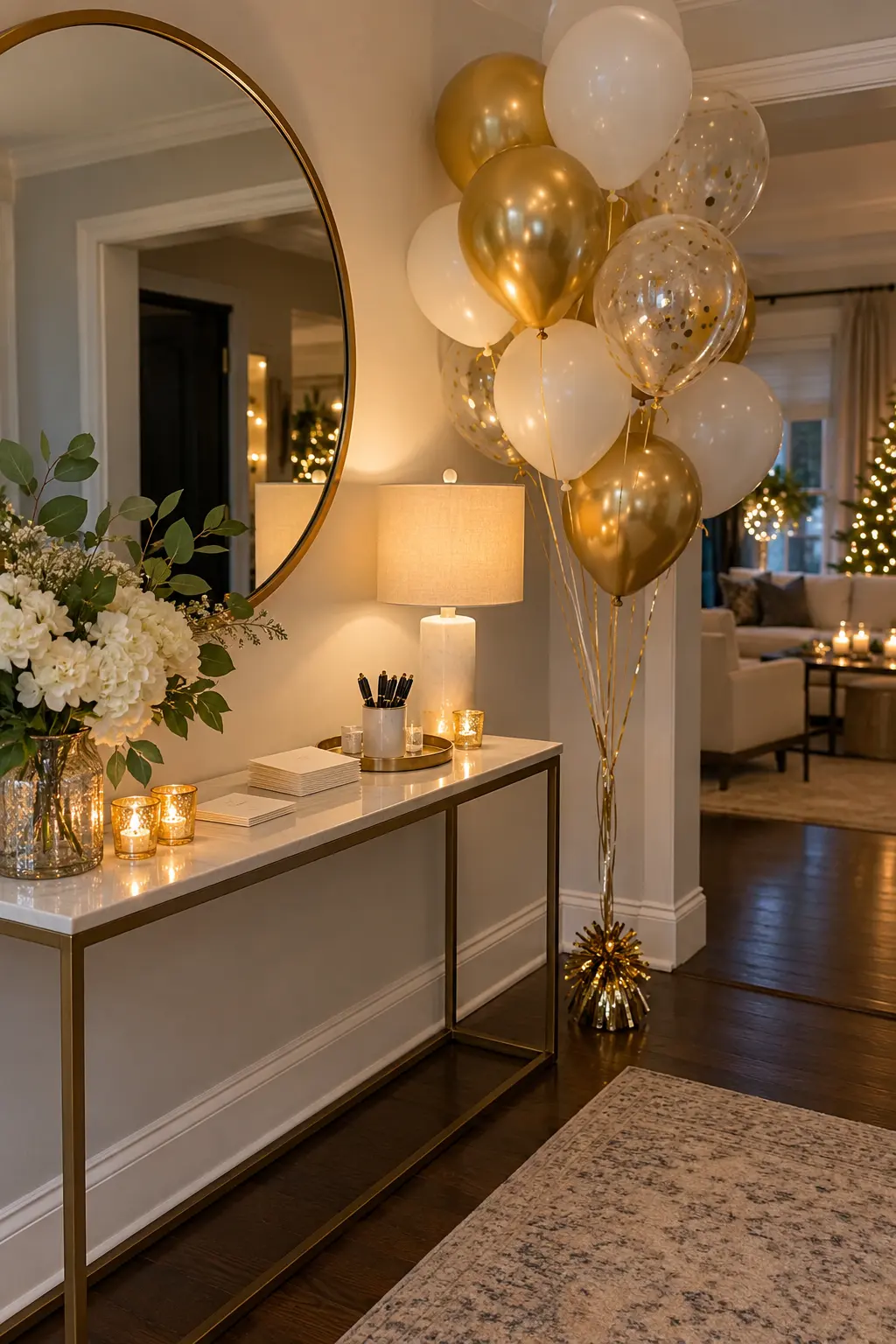 New Year's resolution card table with a white gold and clear balloon bouquet