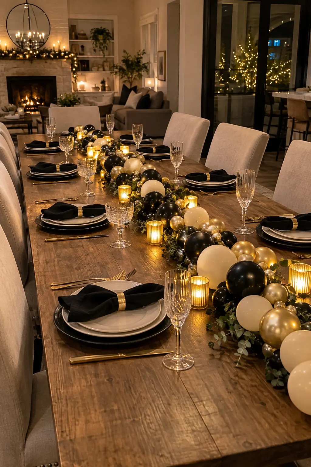 Low black cream and gold balloon runner along a New Year's Eve dinner table