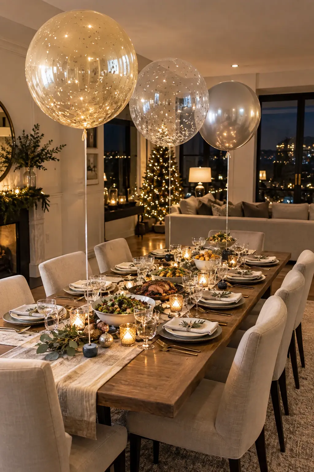 Large champagne and clear helium balloon orbs floating above a dinner table