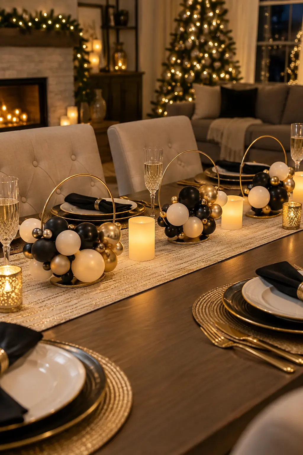 Small metal hoops with black cream and gold balloon clusters on a table