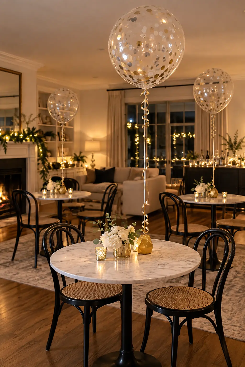 Clear confetti balloons floating above small New Year's Eve bistro tables