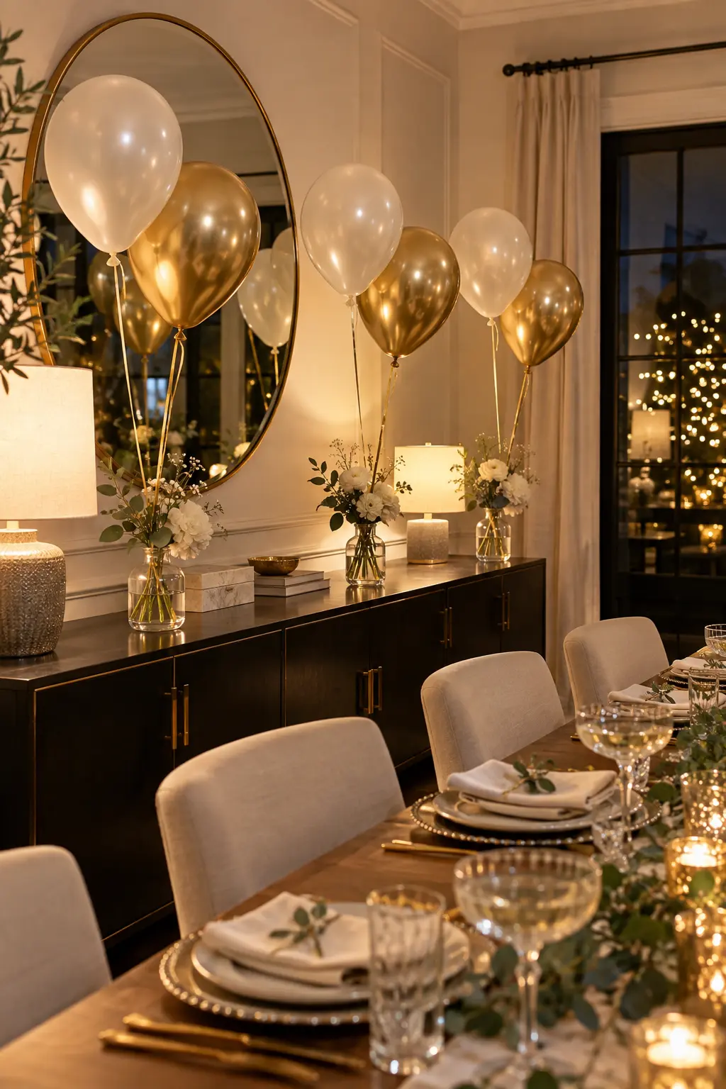 White flower bud vases anchoring pearl and gold balloon bouquets